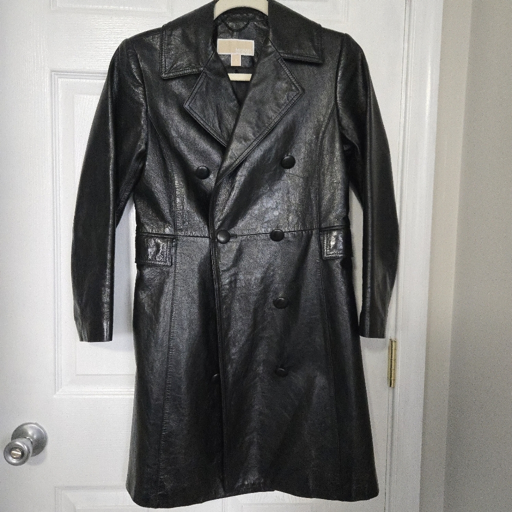 NWOT Michael Kors Black Patent Leather Double-Breasted Trench Coat